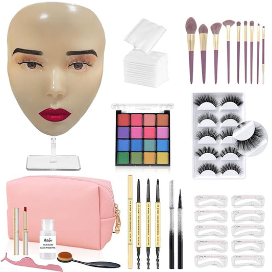 Makeup Practice Face Board, 5D Makeup Mannequin Face with Makeup Practice Kit for Makeup Artist, Beginners Face Makeup Practice, Eyelash Eyeliner Eyebrow Mapping, Come with Makeup Tools & Makeup Bag-VivaGrace Women