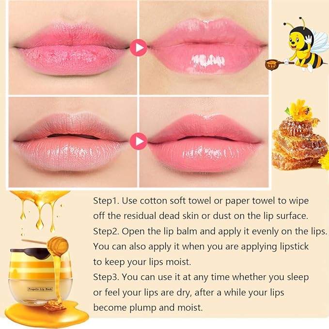 2PCS Bee Lip Balm Honey Pot,Honey Lip Mask Propolis Moisturizing Lip Balm with Stick,Propolis Moisturizing Honey Lip Balm,Hydrating & Prevention Dry and Cracked Lip,Lip Care Skin Care Products-VivaGrace Women
