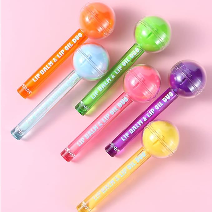 Tinted Lip Balm Lollipop Lip Gloss, Magic pH Color Changing Pink Lipstick & Vitamin E Clear Lip Oil Combo, Hydrating Plumping Lip Care Product for Girls (Yellow)-VivaGrace Women