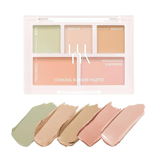 LUNA Conceal Blender Palette 5-in-1 Color Correcting and Concealing Makeup with Beige, Green, Vanila, Medium Peach and Pure Bright Buildable Coverage for Redness, Dark Circles and Blemishes-VivaGrace Women