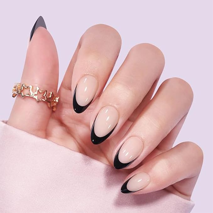 French Tip Press on Nails Medium Almond Fake Nails with Simple Designs Black Stick on Nails Glossy Glue on Acrylic Nails for Women and Girls