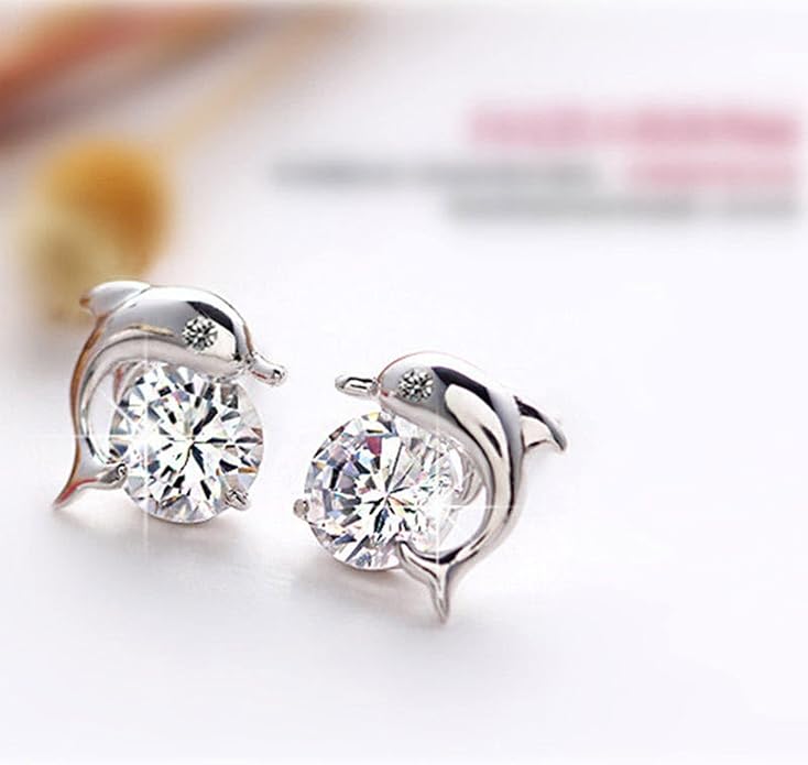Silver Dolphin CZ Earrings Cute Animal Stud Earrings Tiny Earring Jackets Gifts for Women and Girls-VivaGrace Women