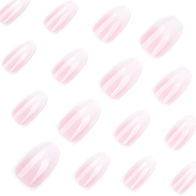 Coffin Press on Nails Medium Fake Nails Pink White Ombre False Nails with Designs Sparkly Artificial Nails Medium Glue on Nails Coffin Nail Press ons Cute Stick on Nails for Women 24Pcs