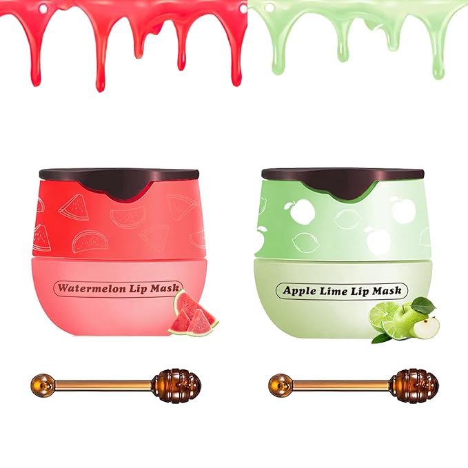 2 PCS Bee Lip Balm Honey Pot, Watermelon Apple Bee Lip Balm Sleeping Lip Mask Overnight with Sticks, Honey Pot Lip Balm Hydrating Exfoliating Prevention Dry and Crack Lip Scrubs-VivaGrace Women