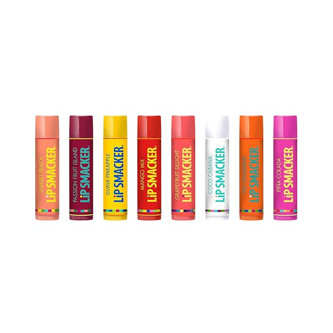 Lip Smacker Flavored Lip Balm Tropic Fever 8 Count (Pack of 1), Passion Fruit, Peach, Breezey-Teazey, Pina Colada, Grapefruit, Coca Cabana, Tangerine, Mango, Clear-VivaGrace Women