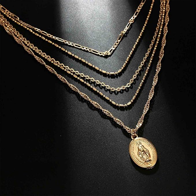 Boho Layered Oval Coin Necklace Choker Gold Virgin Mary Necklace Figaro Chain Necklace Vintage Multilayer Necklace Chain Jewelry for Women and Girls-VivaGrace Women