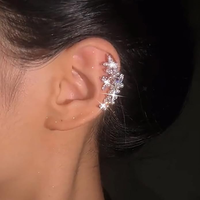 Vintage Crystal Pearl Ear Cuff Earrings Rhinestone Butterfly Cuff Wrap Earrings Cz Butterfly Ear Climber Cuff Earrings Silver Pearl Cz Non Piercing Earring Jewelry for Women(Left)-VivaGrace Women