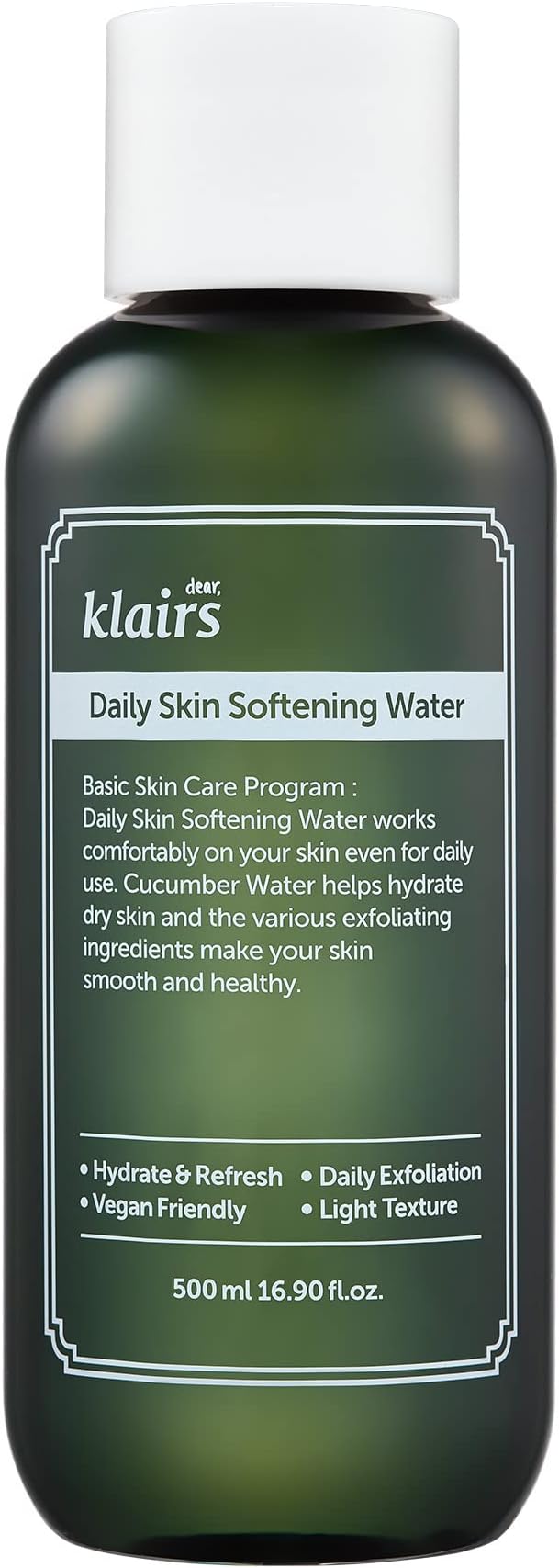 [DearKlairs] Daily Skin Softening Water, Toner, Jumbo 16.90 Fl Oz, Skin Refining Cucumber Essence, Daily mild exfoliator-VivaGrace Women