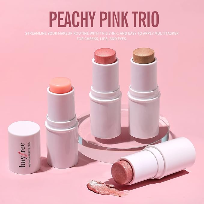 KIMUSE Multi Stick Trio Face Makeup, Cream Blush Stick for Cheeks & Lips, Moisturizer & Contour Makeup Sticks for All Skin,PEACHY PINK-VivaGrace Women