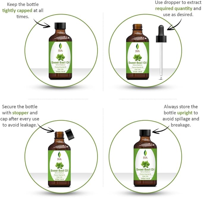 SVA Sweet Basil Essential Oil – 4 Fl Oz – 100% Natural Basil Oil - for Diffuser, Hair Care, Face, Skin Care, Aromatherapy, Scalp and Body Massage, Soap and Candle Making – with Dropper-VivaGrace Women