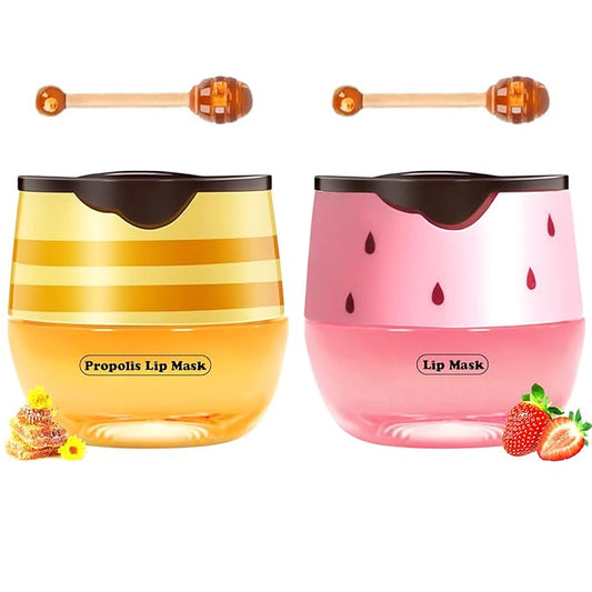 Bee Lip Balm Honey Pot, Strawberry & Honey Moisturizing Propolis Lip Mask, Hydrating & Prevention Dry and Cracked Lip Scrubs Exfoliator, Reduces Lip Lines (Yellow & Pink)-VivaGrace Women