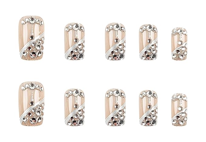 Press on Nails for Women Medium Square Fake Nails Sparkly False Nails with Rhinestones Designs Gold Glitter Artificial Nails Silver Line Glue on Nails Cute Stick on Nails 24Pcs