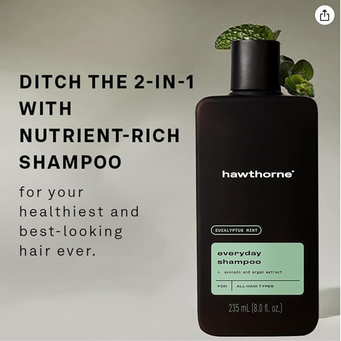Hawthorne Men's Everyday Shampoo. For Stronger, Healthier Hair with Pure Avocado Oil and Coconut Oil. Mint and Eucalyptus Scent. Natural, Sulfate Free, Paraben Free. 8 fl. oz. 2-Pack.-VivaGrace Women