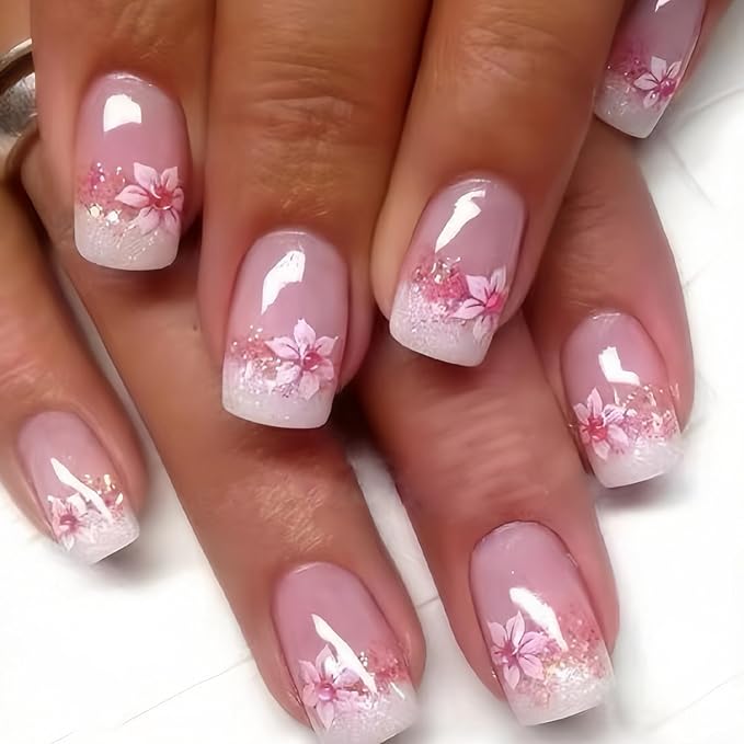 Flower Press on Nails French Tip Fake Nails Medium Square False Nails with Floral Designs Pink White Glossy Glitter Reusable Acrylic Nails Full Cover Stick on Nails for Women Girls Nail Supplies