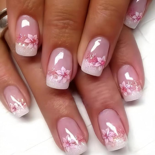 Flower Press on Nails French Tip Fake Nails Medium Square False Nails with Floral Designs Pink White Glossy Glitter Reusable Acrylic Nails Full Cover Stick on Nails for Women Girls Nail Supplies