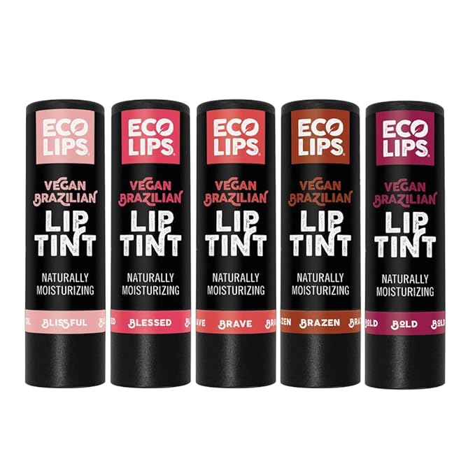 Eco Lips Vegan Cruelty-Free Brazilian Lip Tint Variety Pack - 100% Natural Lip Balm (Blessed, Blissful, Brave, Brazen, Bold) (5 Pack) | Made in USA-VivaGrace Women