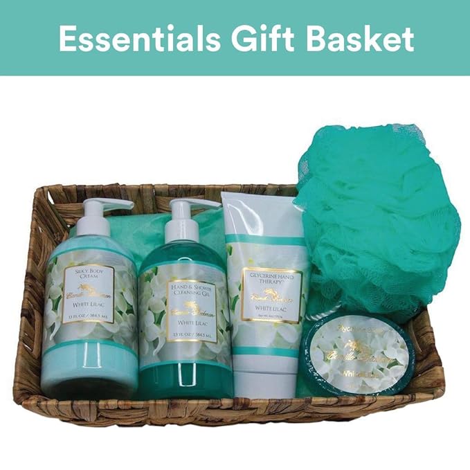 Camille Beckman Essentials Gift Basket, White Lilac, Glycerine Hand Therapy 6 oz, Silky Body Cream 13 oz, Hand and Shower Cleansing Gel 13 oz, Glycerine Soap 3.5 oz-VivaGrace Women