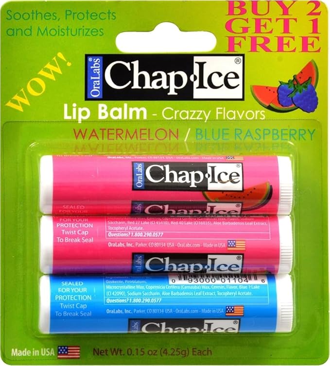 Chap-Ice SPF 4 Premium Lip Balm, Crazy Flavors (Watermelon & Blue Raspberry), 3 pack-VivaGrace Women