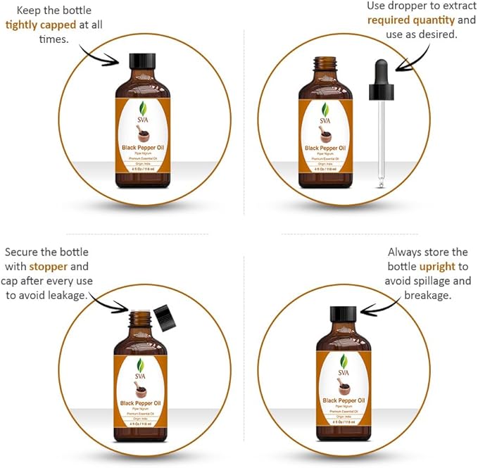 SVA Black Pepper Essential Oil – 4 Fl Oz – 100% Natural Black Pepper Oil - for Diffuser, Hair Care, Face, Skin Care, Aromatherapy, Scalp and Body Massage, Soap and Candle Making – with Dropper-VivaGrace Women