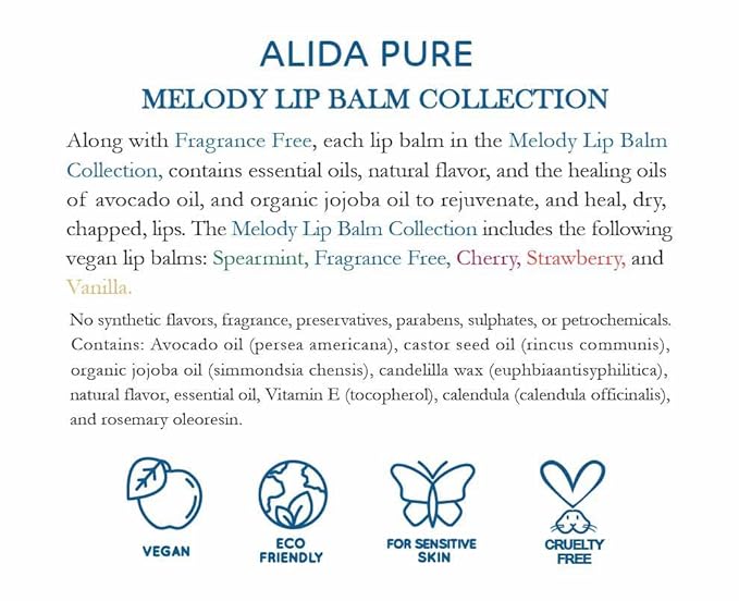 Melody Lip Balm Collection, Vegan Lip Balm Set, Beeswax Free, with Avocado Oil, Organic Jojoba Oil, and Vitamin E, Natural Moisturizer for Dry, Chapped Lips, 5 Tube Set-VivaGrace Women