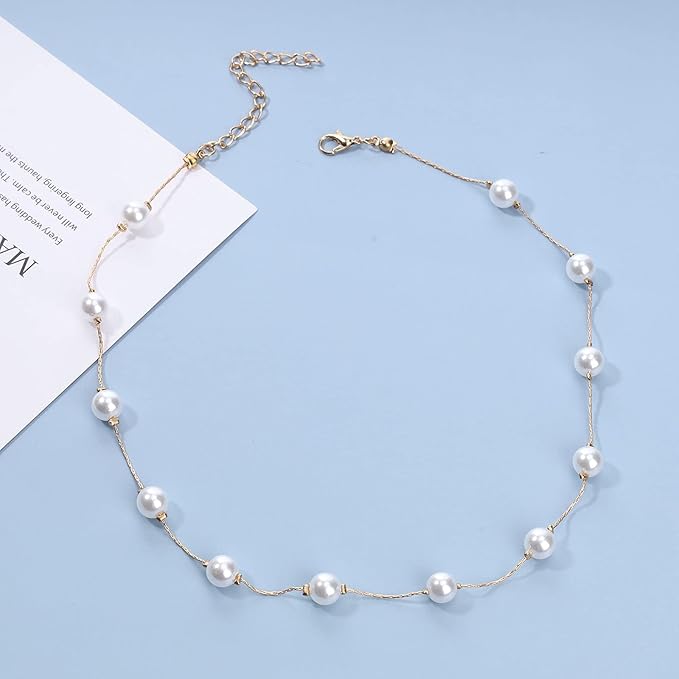 Boho Pearl Choker Necklace Floating Pearl Station Necklace Gold Tiny Pearl Beaded Necklace Chain Bridal Necklace Jewelry for Women and Girls Gifts-VivaGrace Women