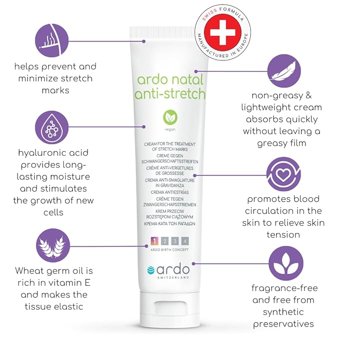 ARDO Anti-Stretch Mark Cream, Swiss Formula. Helps Prevent & Reduce Stretch Marks During Pregnancy & After Birth, Cruelty-Free, Vegan & Fragrance Free, Made in Europe, (100ml/3.4 fl.oz)-VivaGrace Women