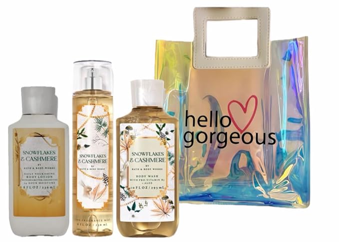 Bath & Body Works - Snowflakes & Cashmere - 3 Piece Bundle - Spray - Lotion Body - Shower Gel - Full Size and Hello Gorgeous Gift Bag.-VivaGrace Women