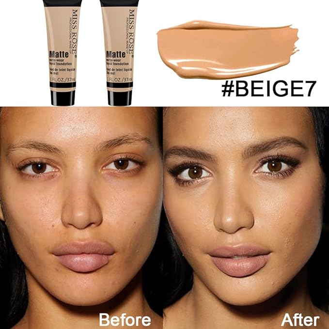 2 Pack Liquid Foundation Cream for Face Makeup,Durable Full Coverage Matte Concealer Make Up,Oil Control & Waterproof Base Primer -1+1 Fl.Oz (BEIGE 7#)-VivaGrace Women