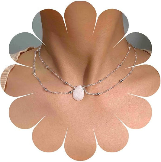 Layered Teardrop Pendant Necklace Teardrop Natural Stone Necklace Teardrop Gemstone Necklace Chain White Teardrop Necklace Choker Gold Satellite Chain Necklace Jewelry for Women and Girls-VivaGrace Women