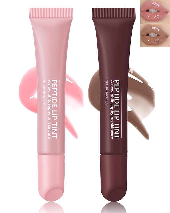 Tinted Lip Balm-2Pcs Pink Brown Peptide Hydrating Lip Tint Moisturizer,Jelly Glossier Lip Treatment Balm,Non-Stick Glow Reviver Lip Care Oil,Yummy Glowy Lip Gloss,Thanksgiving Makeup for Women-01+03-VivaGrace Women