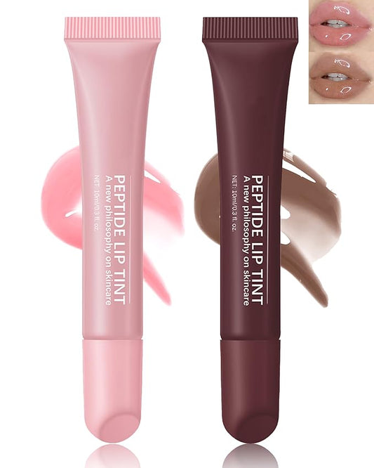 Tinted Lip Balm-2Pcs Pink Brown Peptide Hydrating Lip Tint Moisturizer,Jelly Glossier Lip Treatment Balm,Non-Stick Glow Reviver Lip Care Oil,Yummy Glowy Lip Gloss,Thanksgiving Makeup for Women-01+03-VivaGrace Women