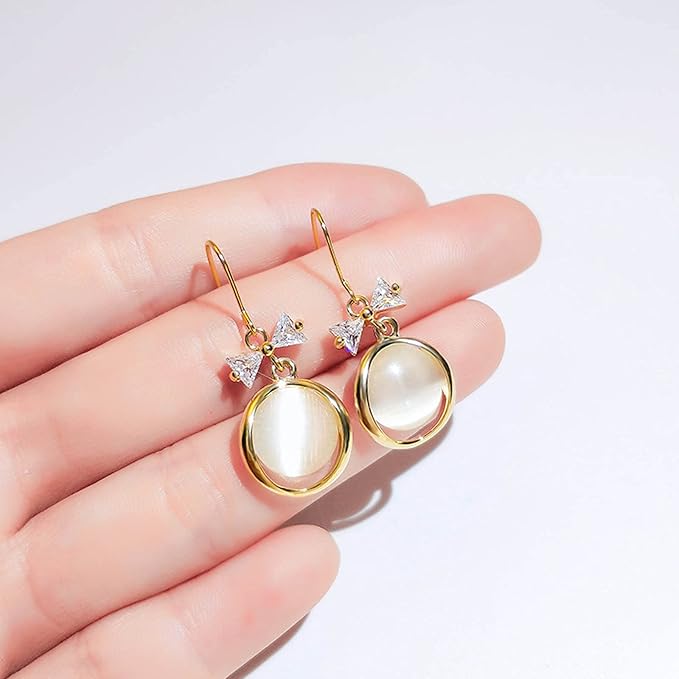 Vintage Circle Drop Earring Gold Cat Eye Stone Earrings Dangle Chalcedony Earrings with Bowknot Earrings Jewelry for Women and Teen Girls-VivaGrace Women