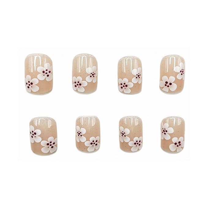 24 Pcs Flower Press on Nails Short Square Shaped Fake Nails Spring False Nails with White Gradient Floral Designs Glitter Acrylic Nails Full Cover Sprakly Stick on Nails for Women Nail Art Manicure