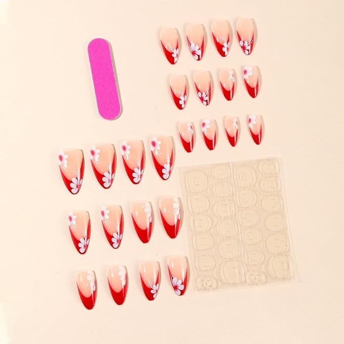 Red French tips Press on Nails Medium Almond Fake Nails with Floral Design White Flower Glue on Nails Glossy Spring Nails Reusable Summer False Nails for Women Girls Manicure 24pcs