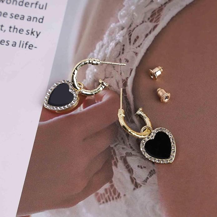 Vintage Crystal Heart Drop Earrings Black Heart Onyx Earrings Black Heart Hoop Huggie Earrings Gold Cz Love Heart Earrings Jewelry for Women-VivaGrace Women