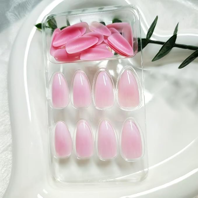 Pink Gradient Press on Nails Medium Almond Fake Nails with White Ombre Design False Nails Glossy Glue on Nails Artificial Acrylic Stick on Nails for Women Girls Manicure 24pcs, Style010