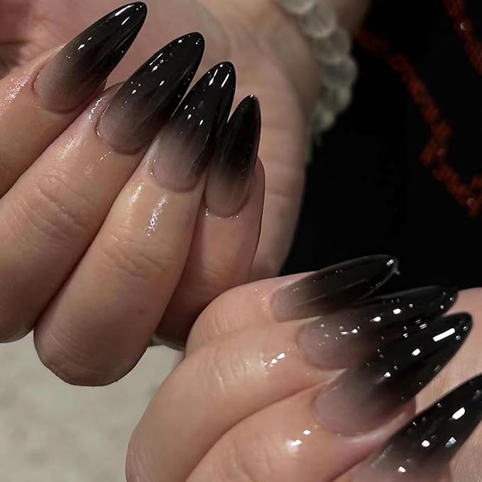 Ombre Black Fake Nails Medium Almond Press on Nails with Designs False Nails Glossy Glue on Artificial Nails for Women and Girls