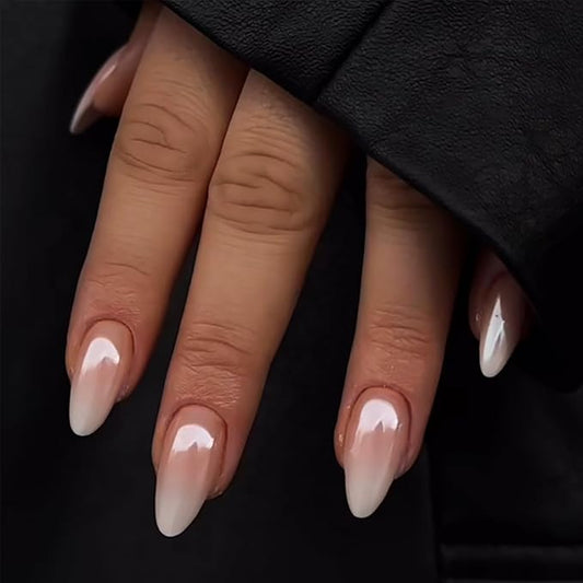 Chrome Fake Nails Almond Medium Press on Nails with Mirror Designs Glossy Ombre Nude False Nails Stick on Acrylic Nails for Women