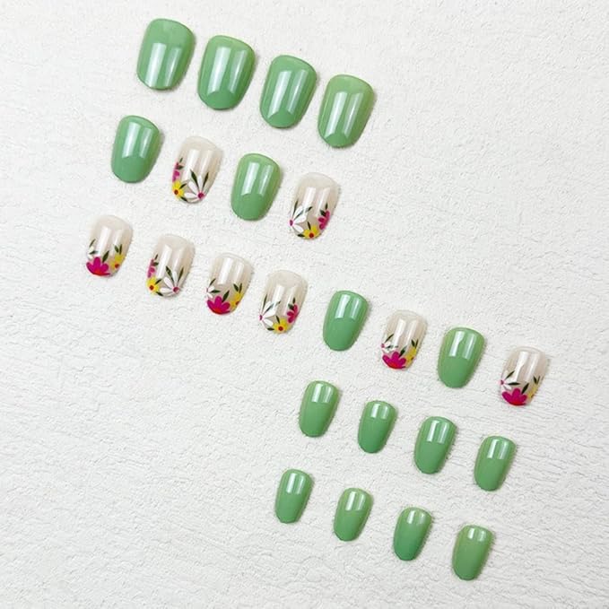 Green Press on Nails Short Almond Fake Nails with Colorful Flower Design Glossy Nude False Nails Spring Glue on Nails Cute Full Cover Reusable Summer Stick on Nails for Women Girls Manicure 24pcs