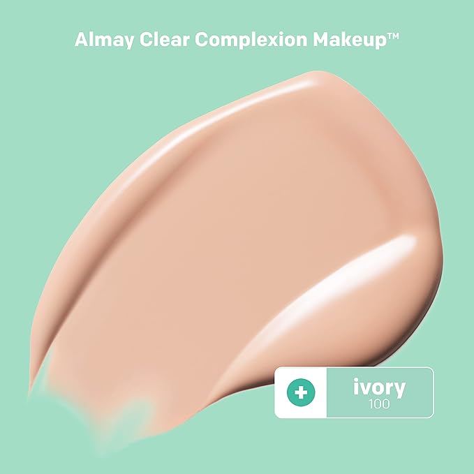 Almay Clear Complexion Acne Foundation Makeup with Salicylic Acid - Lightweight, Medium Coverage, Hypoallergenic-Fragrance Free, for Sensitive Skin , 100 Ivory, 1 fl oz.-VivaGrace Women