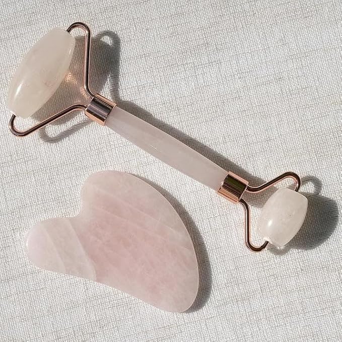 Rose Quartz Roller and Gua sha Set | Reduces Wrinkles, Fine lines and Dark Circles | Pink Jade Roller | Anti-aging Massager for Skin Toning and Tightening for Face, Eyes, Neck-VivaGrace Women