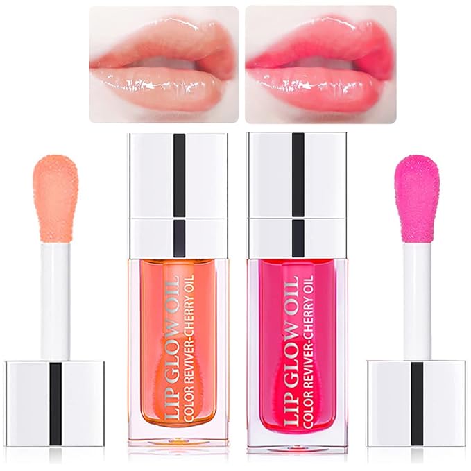 2 Set Lip Oil Hydrating Tinted Lip Balm, Plump Lip Gloss Lip Care Transparent Toot Lip Oil Tinted, Fresh Texture & Non-sticky, Nourishing Repairing Lightening Lip Lines Lip Care Products (Pink / Cherry)-VivaGrace Women
