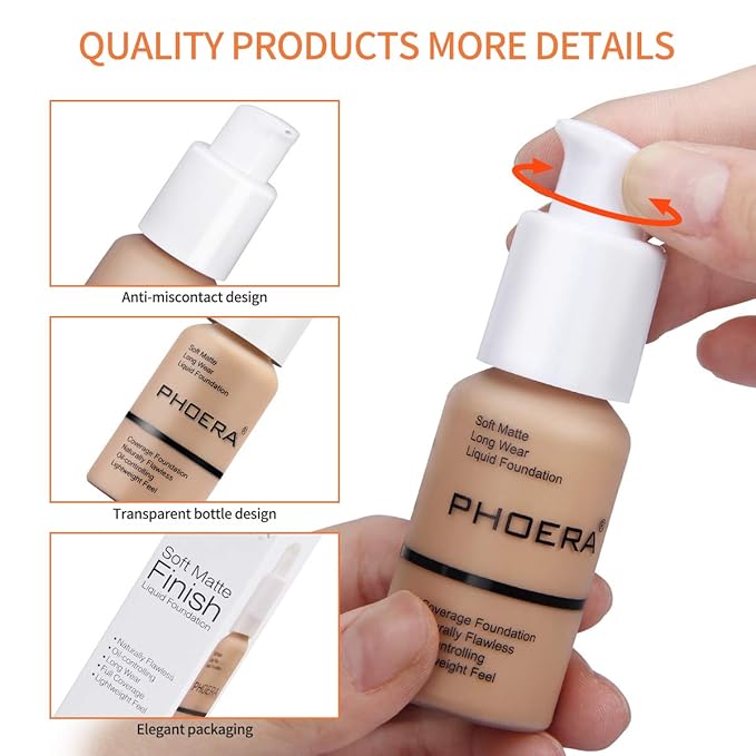 PHOERA Foundation Makeup Naturally Liquid Foundation Full Coverage Mattle Oil-Control Concealer 8 Colors Optional,Great Choice For Gift (2pcs,#101 Porcelain))-VivaGrace Women