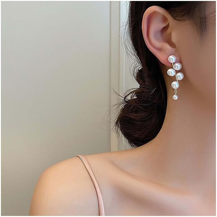 Boho Pearl Drop Earrings Long Pearl Tassel Earrings Gold Cluster Pearl Stud Earrings Bridal Pearl Earrings Wedding Earrings Jewelry for Women-VivaGrace Women