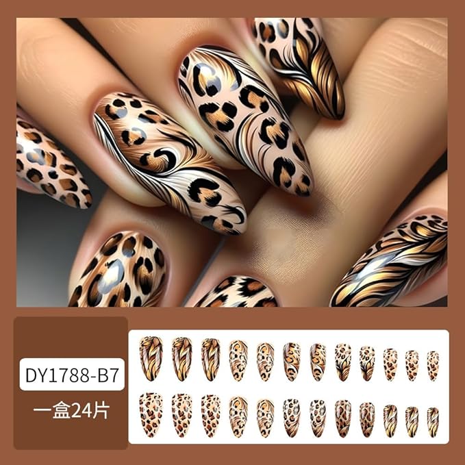 Leopard Press on Nails Medium Almond Fake Nails Fall False Nails with Design Cheetah Glue on Nails Glossy Reusable Summer Nails for Women Girls Manicure 24pcs