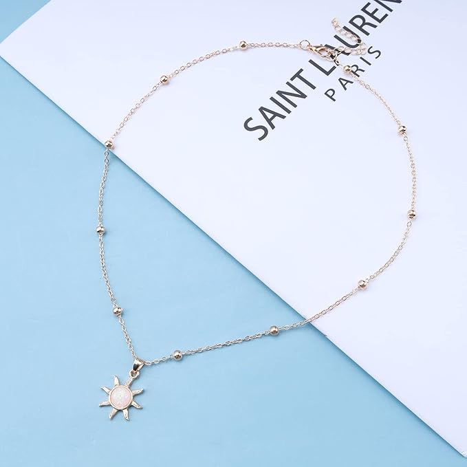 Bohemia Sun Choker Necklace Chain Sunflower Opal Pendant Necklace Gold Satellite Necklace Minimalist Sunflower Necklace Chain Jewelry for Women and Girls-VivaGrace Women