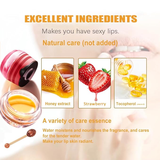 Bee Lip Balm Honey Pot,4 PCS Strawberry & Honey Moisturizing Propolis Lip Mask,Hydrating Prevention Dry and Cracked Lip Scrubs Exfoliator,Lip Sleep Mask Reduces Lip Lines Lip Skin Care Products…-VivaGrace Women