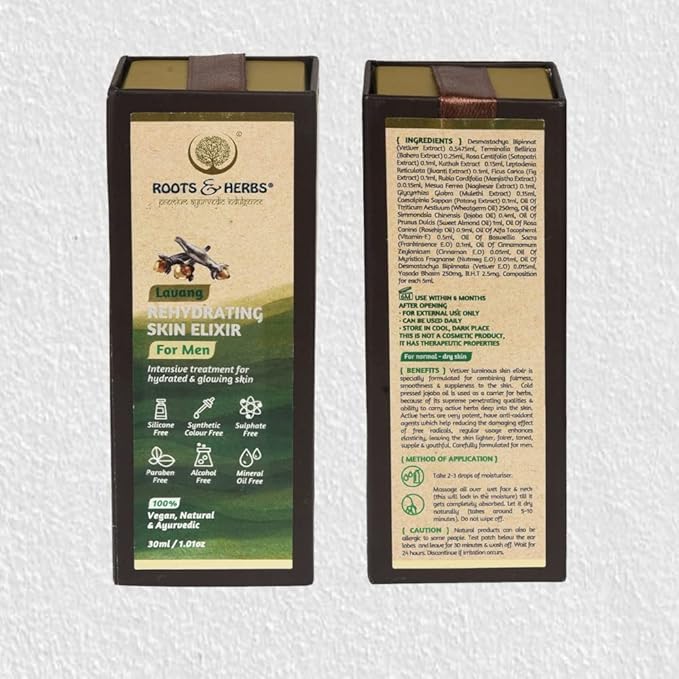 Roots & Herbs Ayurvedic Natural Treatment 100% Vegan No Paraben Lavang Rehydrating Skin Moisturizer Elixir for Men- 50 ML-VivaGrace Women