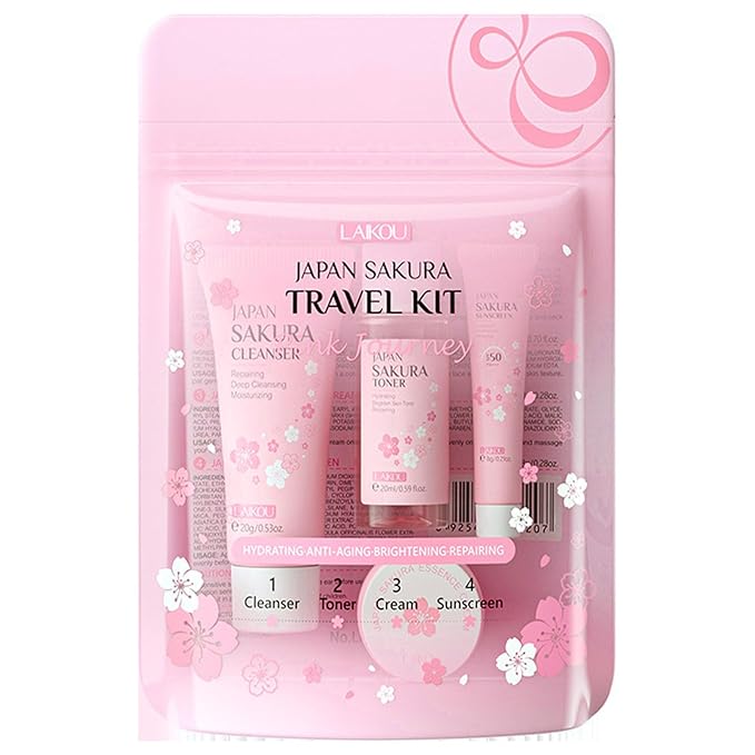 Sakura Travel Skincare Set for Teenage Girls - Face Routine Set for Women,4 Piece Gentle Skin Cleaning & Care Travel Size Kit With Cleanser, Toner, sunscreen and Face Cream-VivaGrace Women