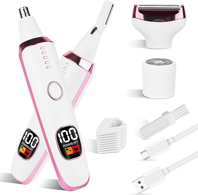 2025 Rechargeable Nose and Ear Hair Trimmer with LED Dispaly for Women Men,4 in 1 Painless Eyebrow & Facial Hair Trimmer with Powerful Motor,Ladies Wet & Dry Electric Razor (White)-VivaGrace Women